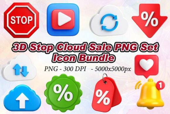 Enhance Your Digital Projects with the 3D Stop Cloud Sale Icons PNG Set